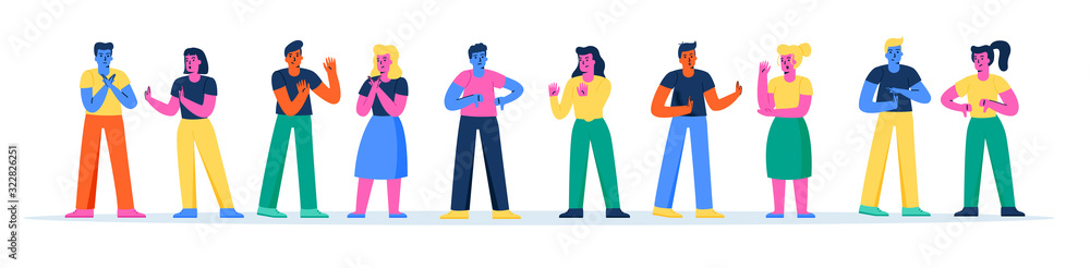 Horizontal banner with young men and women fighting, quarreling or arguing. Collection of couples having angry argument, disagreement, conflict or dispute. Modern flat cartoon vector illustration. Horizontal banner with young men and women fighting, quarreling or arguing. Collection of couples having angry argument, disagreement, conflict or dispute. Modern flat cartoon vector illustration.
