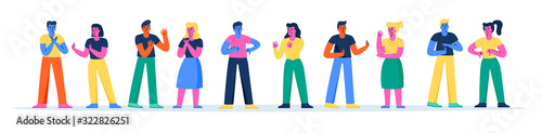 Horizontal banner with young men and women fighting, quarreling or arguing. Collection of couples having angry argument, disagreement, conflict or dispute. Modern flat cartoon vector illustration.