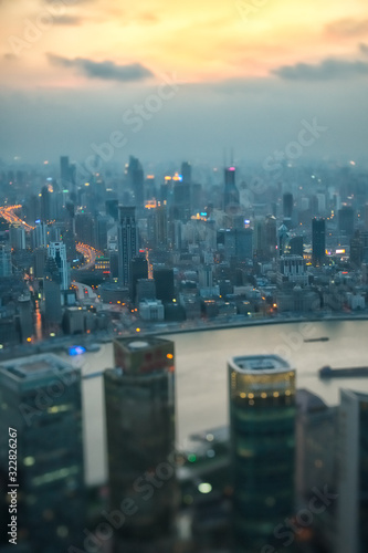 Obraz na plátně Tilt & shift photo of Shanghai nocturne skyline