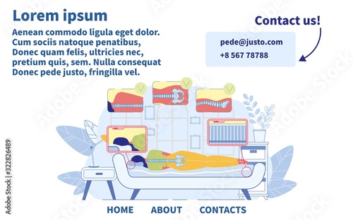 Caring for Back Health. Correct Sleeping Ergonomics and Human Body Posture, Mattress and Pillow Selection. Right Spine Alignment. Flat Design Landing Page with Contacts. Vector Cartoon Illustration