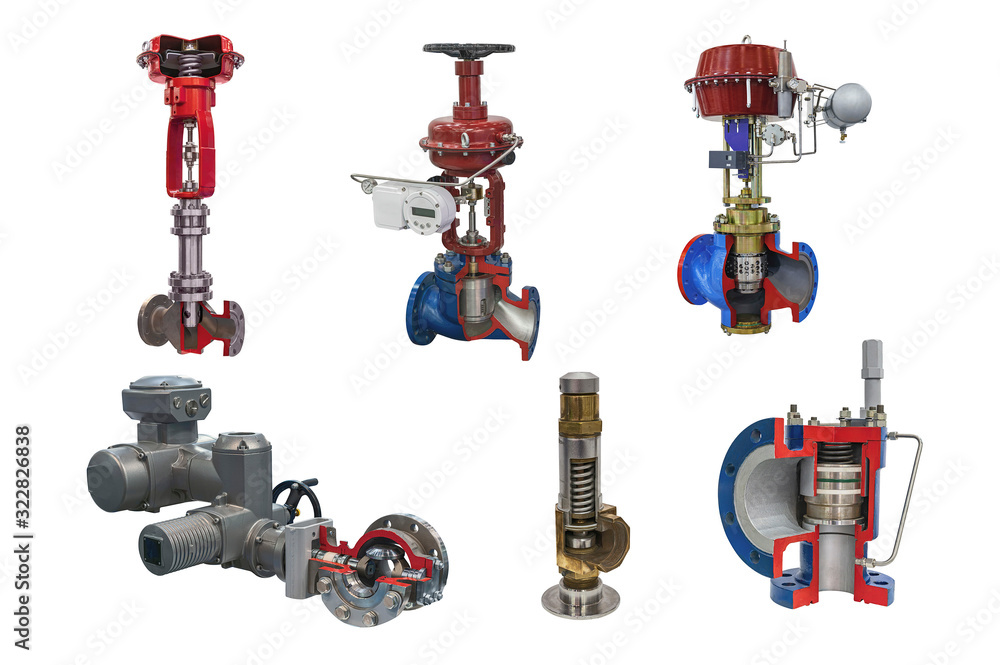 six modern shut-off valves with automatic control for gas pipeline isolated on a white background. Transverse section six modern shut-off valves with automatic control for gas pipeline isolated on a white background. Transverse section