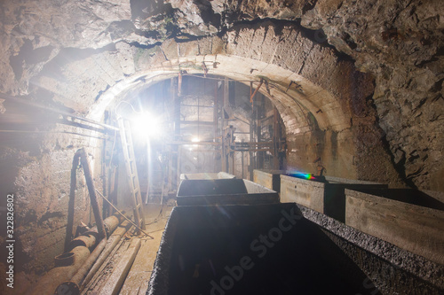 Shaft bottom lodge cage with light in underground mine