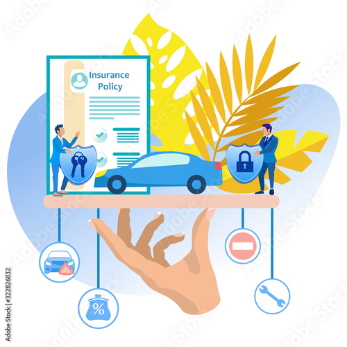 Vehicle Insurance Vector Illustration Cartoon. Purchase Auto Insurance Car Saves Car Owner. Insurance Agent Presents Range Insurance Services. Man Behind Desk Speaks Hall where Car Stands.