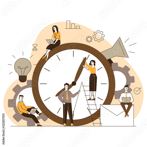 Managers adjusting clock hands. People using laptops, working on project together flat vector illustration. Time management, deadline concept for banner, website design or landing web page