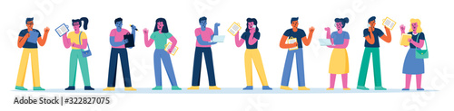 Horizontal banner with confident business people talking to each other. Collection of happy office workers, employees or clerks having conversation or dialog. Modern flat cartoon vector illustration.