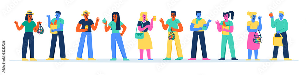 Horizontal banner with funny young men and women holding fresh natural products or organic vegetarian food. Eco-friendly zero waste lifestyle, vegan nutrition. Modern flat cartoon vector illustration. Horizontal banner with funny young men and women holding fresh natural products or organic vegetarian food. Eco-friendly zero waste lifestyle, vegan nutrition. Modern flat cartoon vector illustration.