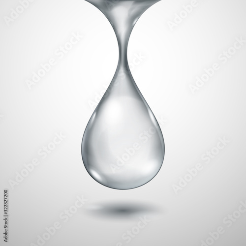 One big realistic translucent water drop in gray colors with shadow