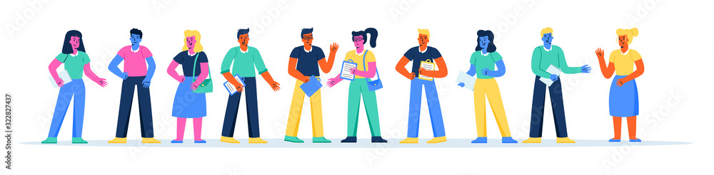 Horizontal banner with happy business people, office workers, managers or clerks standing together. Group of male and female employees, colleagues, company staff. Flat cartoon vector illustration. Horizontal banner with happy business people, office workers, managers or clerks standing together. Group of male and female employees, colleagues, company staff. Flat cartoon vector illustration.