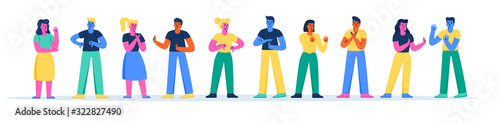 Horizontal banner with young funny people showing negative gestures. Collection of men and women demonstrating disagreement, rejection, objection, disapproval. Modern flat cartoon vector illustration.