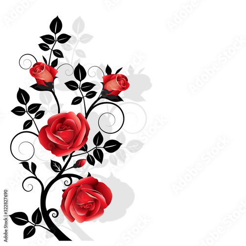 Floral decorative ornament with red roses with reflection