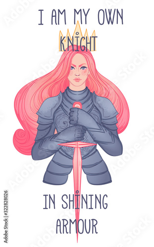 Portrait of beautiful girl with a sword. Female knight in armour. Vector illustration. Medieval aesthetics. Girl power. Joan of Arc inspired. Sticker, patch, t-shirt print, logo design.
