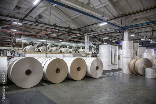 Industrial workshop of the Lambumiz plant. Production of laminated cardboard food packaging. Moscow, Russia