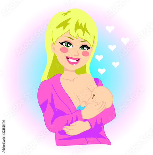 Young beautiful blonde mother woman breastfeeding baby boy, wearing shirt
