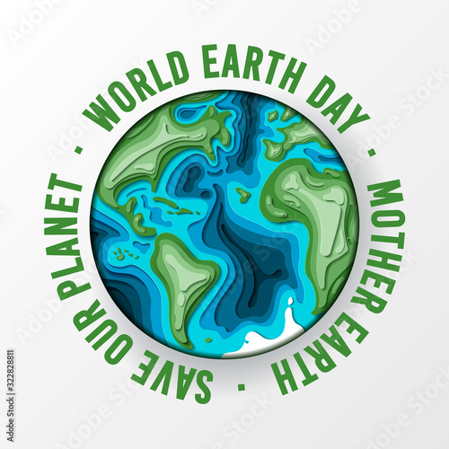 Earth Day. 3D paper cut style vector Illustration. Eco friendly ecology concept. Earth day papercut concept. Background for world environment day. Go green. Save the earth and mother nature. Green day