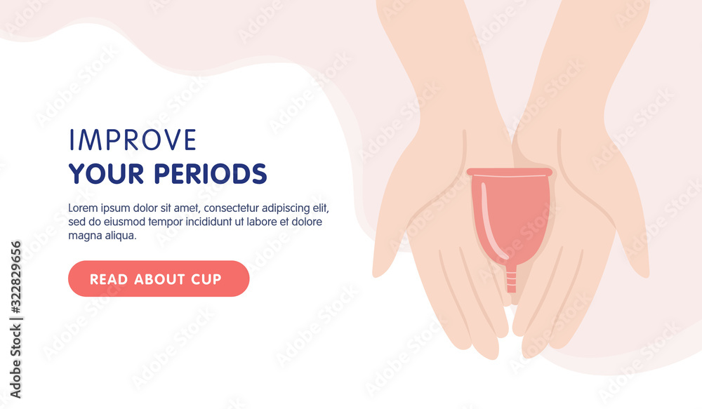 Menstrual cup concept banner landing page design. Menstrual cup in female hands. Improve you period concept. Vector cartoon hand drawn illustration. Menstrual cup concept banner landing page design. Menstrual cup in female hands. Improve you period concept. Vector cartoon hand drawn illustration.