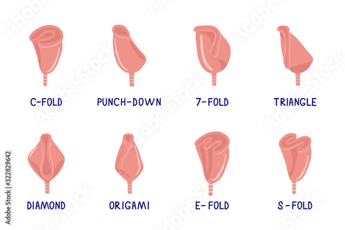 Set of hand drawn illustrations of menstrual cup folding methods. How to fold menstrual cup. Zero waste concept. Vector flat cartoon illustration photo