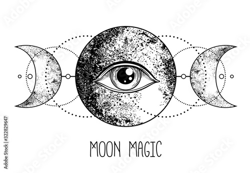 Eye of Providence. Masonic symbol. All seeing eye inside triple moon pagan Wicca moon goddess symbol. Vector illustration. Tattoo, astrology, alchemy, boho and magic symbol. Coloring book.