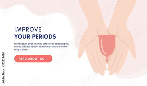 Menstrual cup concept banner landing page design. Menstrual cup in female hands. Improve you period concept. Vector cartoon hand drawn illustration. photo