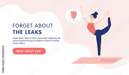 Menstrual cup concept banner landing page design. Happy woman doing yoga during menstruation. Forget about the leaks. Vector cartoon hand drawn illustration.