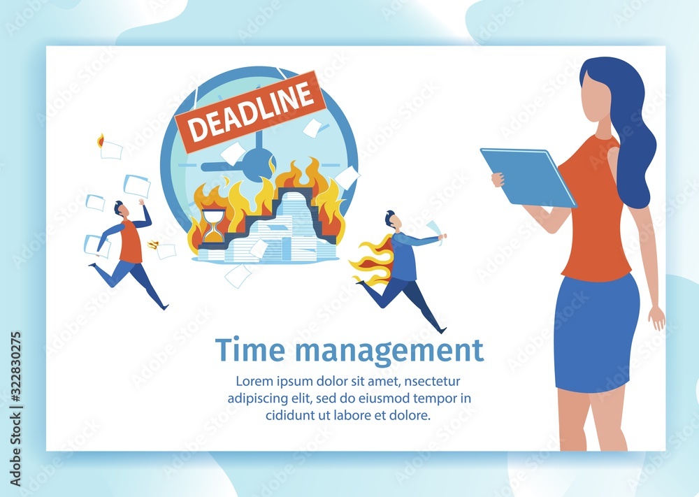 Inscription Deadline Time Management Landing Page. Close-up Woman, Office Employee Looks into Tablet. Man Burns Clothes on His Back. Man Runs, Scatter Documents. Vector Illustration. Inscription Deadline Time Management Landing Page. Close-up Woman, Office Employee Looks into Tablet. Man Burns Clothes on His Back. Man Runs, Scatter Documents. Vector Illustration.