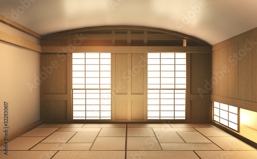 Obraz na płótnie Interior mock up Japan Room Design Japanese-style and the white backdrop provides a window for editing. 3D rendering w salonie