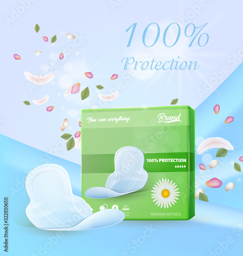 Ultra Protective Hygienic Chamomile Pads Advertisement. Realistic Green Pack and Single Feminine Hygiene Product 3d Vector. 100 Percent Protection and Comfort during Menstrual Period Illustration