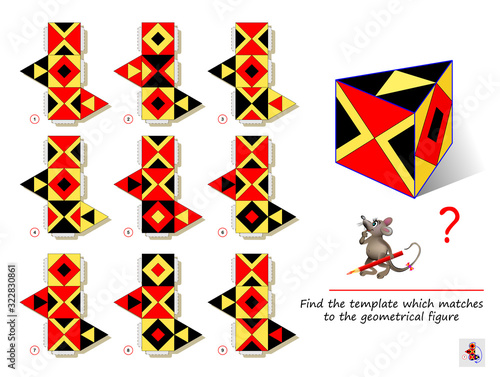Logic puzzle game for smartest. Find the template which matches to the geometrical figure. Printable page for brain teaser book. Developing spatial thinking. IQ training test. Flat vector image.