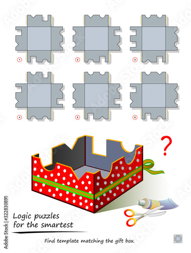 Logic puzzle game for smartest. Find template matching the gift box. Printable page for kids brain teaser book. Developing children and adults spatial thinking skills. IQ training test. Vector image.