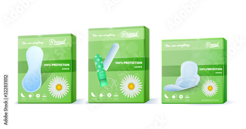Menstruation Blood Absorbents for Day and Night Set. Three Isolated Green Pack with Chamomile Soft Tampons and Pads Made from Breathing Cotton Material. Realistic Vector 3d Illustration