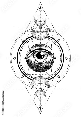 Eye of Providence. Masonic symbol. All seeing eye inside triple moon pagan Wicca moon goddess symbol. Vector illustration. Tattoo, astrology, alchemy, boho and magic symbol. Coloring book.