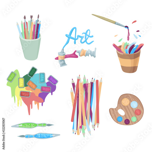 The artist s accessories - paints in cuvettes and tubes, splashes and drops of paints, platra and pencils. Vector illustration of logos or design elements.