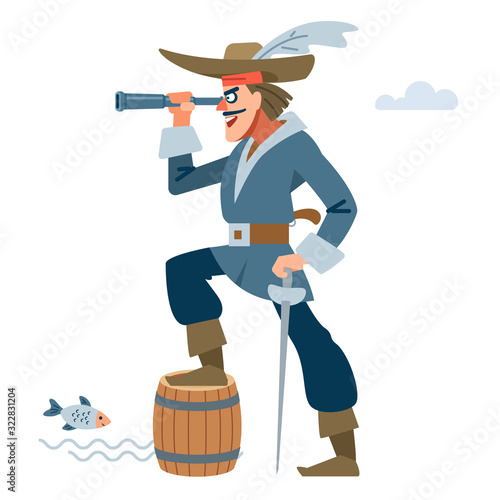 Pirate captain character with looking through a telescope and rejoices at the prey. Vector cartoon flat illustration