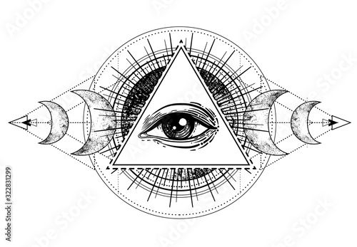 Eye of Providence. Masonic symbol. All seeing eye inside triple moon pagan Wicca moon goddess symbol. Vector illustration. Tattoo, astrology, alchemy, boho and magic symbol. Coloring book.