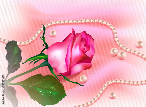 Pearl necklace on a pink silk and rose. Vector illustration.