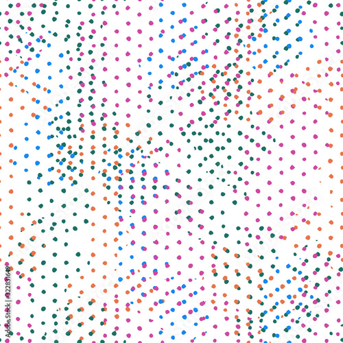 Vector seamless pattern with colorful polka dots with offset effect. Halftone multicolor style background for wallpaper, scrapbook, backdrop.