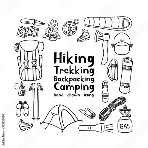 Hiking and backpacking equipment set. Trekking hand drawn icons. Camping doodles. Vector illustration.