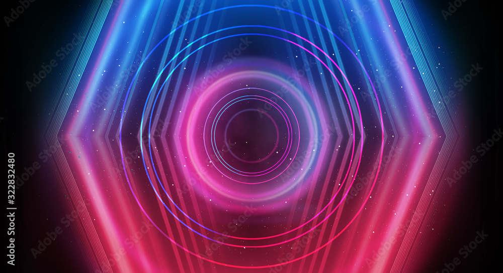 Obraz premium Background of empty show scene. Empty dark modern abstract neon background. Glow of neon lights on an empty stage, diodes, rays and lines. Lights of the night city.