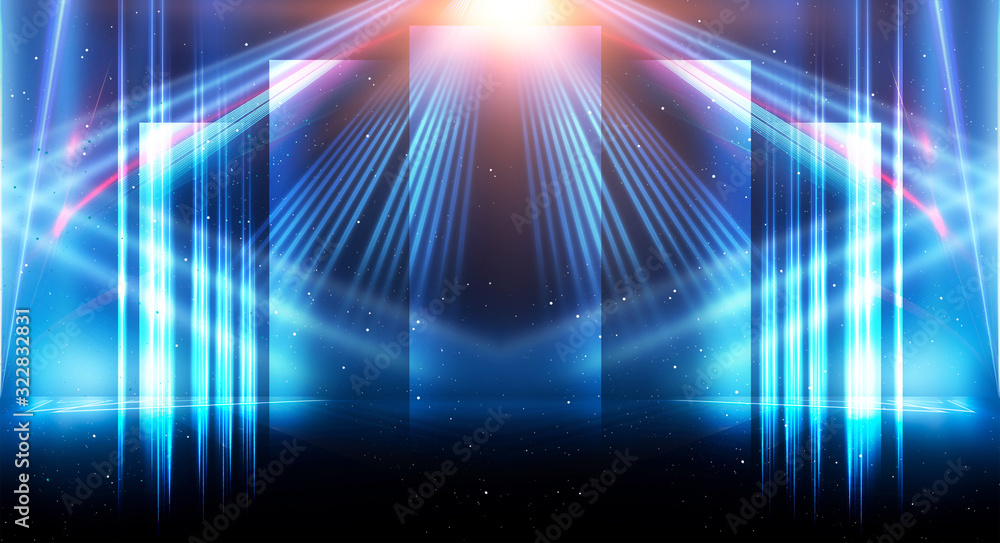 Background of empty show scene. Empty dark modern abstract neon background. Glow of neon lights on an empty stage, diodes, rays and lines. Lights of the night city. Background of empty show scene. Empty dark modern abstract neon background. Glow of neon lights on an empty stage, diodes, rays and lines. Lights of the night city.
