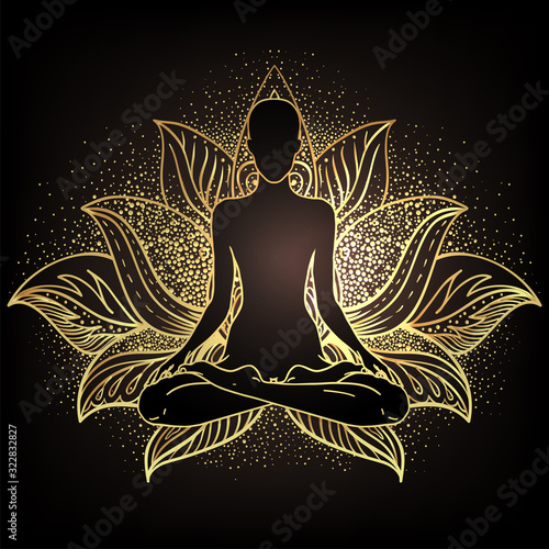 Chakra concept. Inner love, light and peace. Buddha silhouette in lotus position over ornate mandala. Vector illustration in gold isolated. Buddhism esoteric motifs. Tattoo, spiritual yoga.