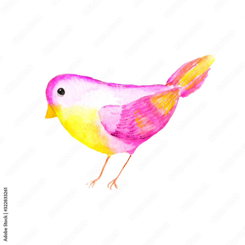 Watercolor pink bright bird isolated on a white background. Bright children's character.