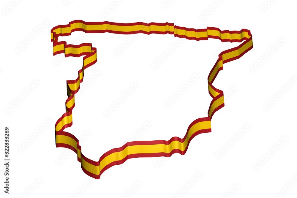 3D illustration of ribbon with the spanish flag representing the map of Spain on a white background