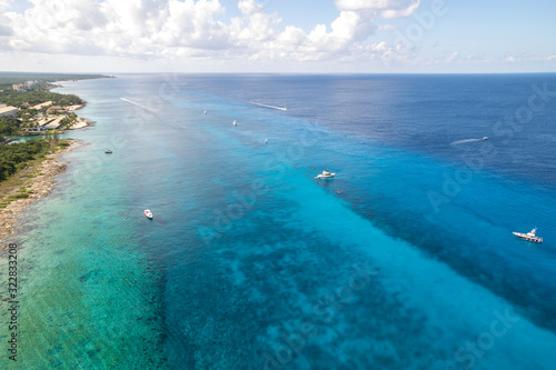 Aerial view of the incredibly beautiful ocean of Cozumel, Mexico