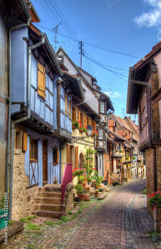 Charming Street with Old Houses in Beautiful Eguisheim, France