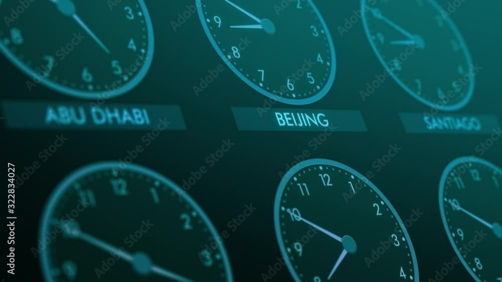 close up view of a wall of clocks with time of different cities (3d render) close up view of a wall of clocks with time of different cities (3d render)