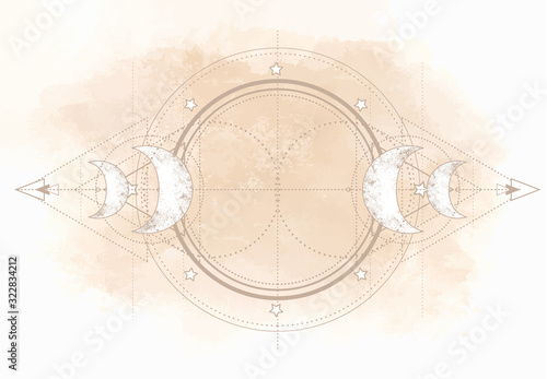 Triple moon pagan Wicca moon goddess symbol. Three-faced Goddess. Maiden, Mother, Crone vector illustration. Tattoo, astrology, alchemy, boho and magic symbol.