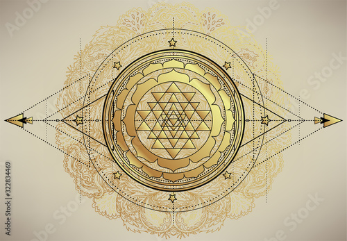 The Sri Yantra or Sri Chakra, form of mystical diagram, Shri Vidya school of Hindu tantra symbol. Sacred geometry vector design element. Vector illustration. Alchemy, occultism, spirituality. photo