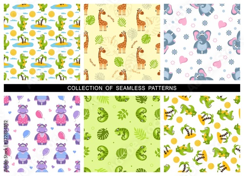 Set of childrens seamless patterns. Zoo theme for kids. Cute giraffe, hippo, elephant, crocodile, iguana. Repeating texture for wallpaper design, textile, apparel, wrapping paper. Vector illustration