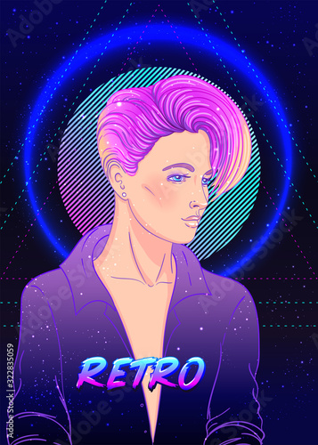 Portrait of a young pretty androgynous woman with short shaved pixie undercut in retro futurism style. Vector illustration in neon bright colors. Blue short hair. futuristic synth wave flyer template