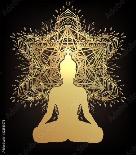Chakra concept. Inner love, light and peace. Buddha silhouette in lotus position over ornate mandala. Vector illustration in gold isolated. Buddhism esoteric motifs. Tattoo, spiritual yoga.
