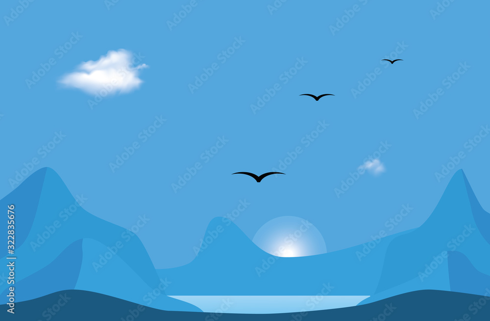 Illustration of idyllic mountains with sunshine rays and blue sky. A perfect landscape scene. Illustration of idyllic mountains with sunshine rays and blue sky. A perfect landscape scene.